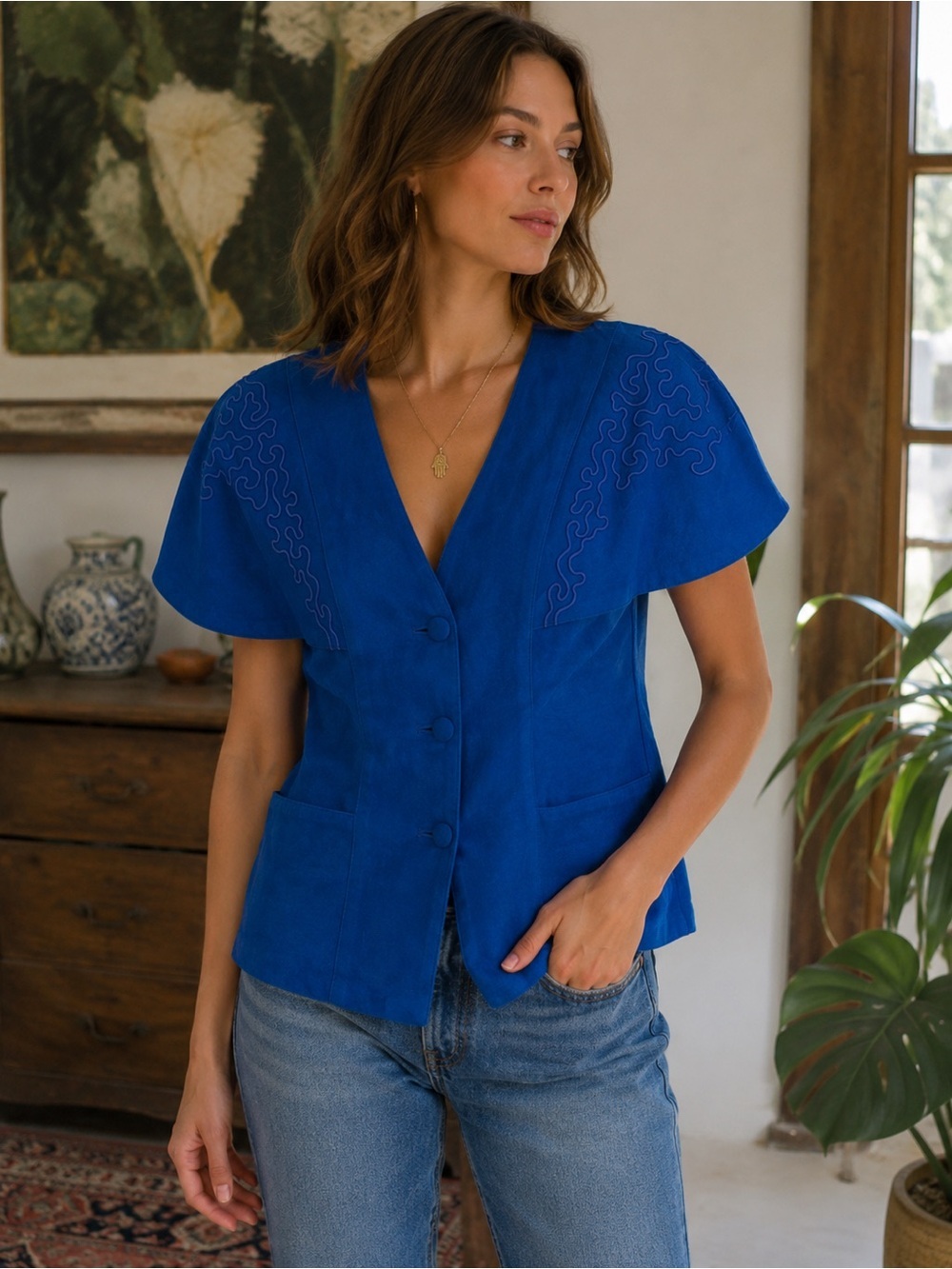 Danier Vintage 80s 90s Women's Vibrant Blue Faux Suede Blazer Size L Boho